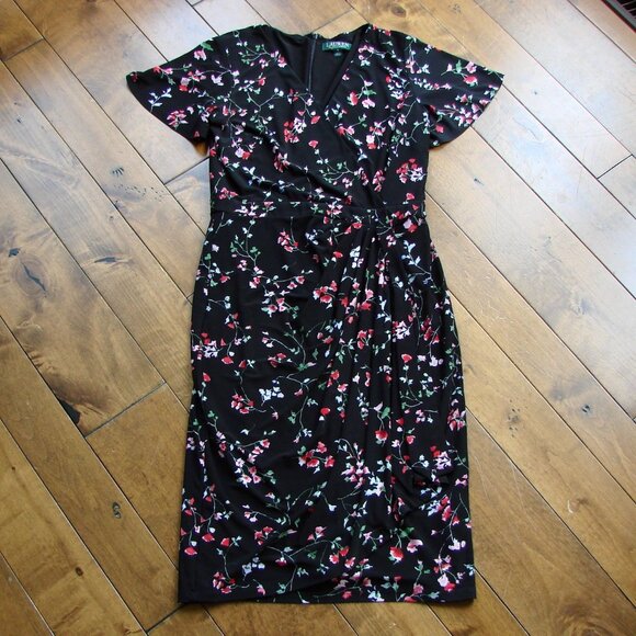 Lauren Ralph Lauren Midi Dress Black Red Floral Faux Wrap Midi Size 6 - Picture 1 of 15